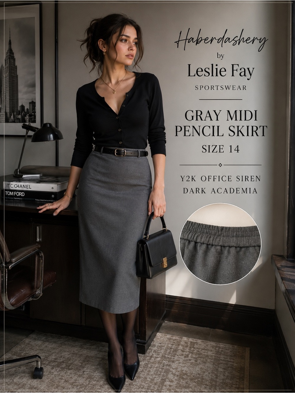 Haberdashery Leslie Fay Gray Midi Pencil Skirt Y2K Office Siren Size 14